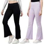 BLINKIN Ribbed Stretchable Flared Pants for Women|Boot Cut Bell Bottom Pants for Women -Ideal for Yoga,Gym Wear, Casual Wear & Office Wear Trousers for Women (Color_Black-Lavender,Size_4XL)