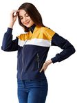 Dolce Crudo Women's Multicoloured 100% Cotton Turtle Neck Color Blocked Jacket(DOAW19JKT02-78-178-05,Multicoloured Base Navy Blue,Large)