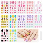 JSRQT 12 Sheets Cute Nail Polish Stickers, Full Wrap Art Decals for Kids Girls, Self-Adhesive With File, Strip With Colorful Cartoon Pattern for DIY
