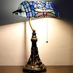 RHLAMPS Banker Lamp Tiffany Desk Lamp Navy Blue Dragonfly Style Stained Glass Table Lamp 15" Tall Luxury Memory Adjustable Piano Lamp for Library Living Room Bedroom