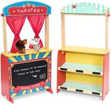 Wooden Puppet Theater Bonus 2 Hand Puppet, Rundad Double-Sided Lemonade Stand & Puppet Show Theater for Kids, Wood Deluxe Children Puppet Theatre Toy with Chalkboard