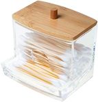 Ghopy Makeup Organiser Clear Cotton Wool Pads Holder with Bamboo Lid, Q-tip Cotton Swab Dispenser, Ear Bud Jar, Dressing Table Organiser, Cosmetics Storage Container for Bathroom (Cotton Buds Holder)