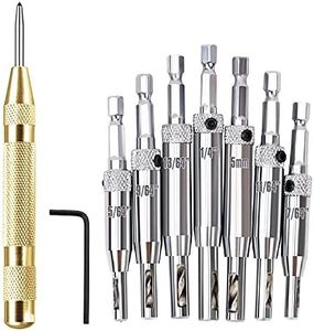 8-Piece Center Drill Bit Set, with 5" Automatic Center Punch, Self Centering Hinge Hole Drilling 1/4" Hex Shank, 5/64'' 7/64'' 9/64'' 11/64'' 13/64'' 5mm 1/4'' (Sliver Set)