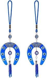 WEBEEDY 2Pcs Evil Eye Horseshoes Hanging Ornament, Turkish Blue Evil Eye Protection Charm with Bead Tassel, Car Decor Rear View Mirror, Wall Decor Home Decoration for Good Luck and Blessings