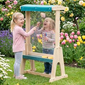 Costzon Easel for Kids, Double-Sided Transparent Drawing Board with Fir Wood Frame, A Paper Roll, Sun-Proof Canopy, Storage Trays & 4 Paint Cups, Indoor Outdoor Art Toddler Easel