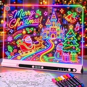 16“ Rechargeable LED Drawing Board, 9-Color Light Modes with Timer & Built-in Stand, Neon Art Dry Erase Glow Up Doodle Note Pad, Sketching Gift Toy for Kids/Girls/Teens, 6 Markers & Tracing Book