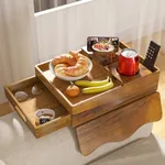 Acacia Wood Couch Cup Holder Tray, 7-in-1 Couch Arm Tray, Sofa Clip-On Side Table with Push-Pull Drawer to Organize and Store Small Objects, 360°Swivel Phone Holder, for Drinks, Cups, Snacks, Remote