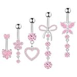 BSJ4U Belly Button Ring Dangle Navel Belly Piercing Jewelry Cute Pink CZ Heart Butterfly Bow Flower Navel Belly Rings for Women 14G Silver Stainless Steel Dainty Dangly Dangling Belly Button Piercing,