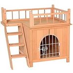 PawHut D30-075 2-Story Wood Pet House Cat Tree Small Dog Puppy Bed Platform Outdoor Shelter with Stair, Natural Wood Color