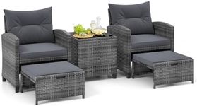 Tangkula 5 Piece Patio Rattan Furniture, Wicker Cushioned Chairs Set w/ 2 Ottomans & Tempered Glass Coffee Table, for Poolside, Backyard, Lawn, Deck