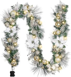 Valery Madelyn 9 Feet Pre-Lit Christmas Garland with Lights for Mantle, Lighted Outdoor Xmas Garland with White Gold Balls & Magnolia for Home Stairs Fireplace Table Centerpiece Indoor Holiday Decor