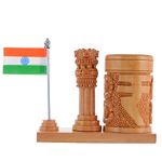 MV Son's Wooden Pen Stand for Office Table Stylish with Ashok Stambh and National Indian Flag - Wooden Pen Pencil Holder for Study Table - Desk Organizer