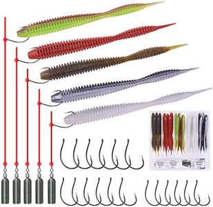 Drop-Shot-Rigs-for-Bass-Fishing-Soft-Plastic-Lures-Worm Fishing Hooks, 4 inch Rubber Worms, Wacky Worms, Straight Tail Stick Baits -49 Piece Kit with 25 Bodies, 18 Hooks, 6 Weights