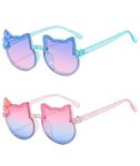 NHCDFA 2Pcs Sunglasses for Kids, Kids Sunglasses for Girls, Kids Goggles for Boys Goggles for Kids Girls Colorful Cat Shape, Suitable for Age 4 to 12 Years(Blue+Pink)