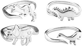 4 Pcs Dinosaur Rings for Girls Cute Silver Tyrannosaurus, Triceratops, Stegosaurus Rings Stackable Rings for Women (4pcs)