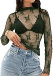 MEROKEETY 2024 Womens Mesh Sheer Long Sleeve Layering Top Sexy Y2k Mock Neck Floral Lace See Through Shirt Blouses Green X-Small