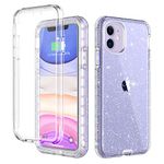 LONTECT for iPhone 11 Case Built-in Screen Protector Glitter Clear Sparkly Bling Rugged Shockproof Hybrid Full Body Protective Case Cover for Apple iPhone 11 6.1 2019, Purple Clear/Silver Glitter