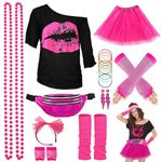 WILDPARTY 80s Outfit Accessories for Women, Lips Print T-Shirt Tutu Fanny Pack Legwarmers, 1980s Retro Costume