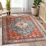 Lahome Boho 5x7 Area Rug Washable Rugs for Living Room Bedrooms Aesthetic, Large Living Room Rug Dining Room Rug, Tribal Indoor Throw Carpet for Bedroom Nursery Office Decor (Rust/Dull Teal, 5x7)