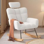 Gizoon Rocking Chair Nursery, Teddy Upholstered Glider Rocker Accent Chair with High Backrest, Mordern Nursing Chair Recliner with Adjustable Headrest for Living Room, Bedroom, Nursery, White