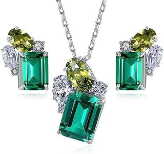 Gdirection 925 Sterling Silver CZ Zircon Simulated Emerald Pendant Necklace and Earrings for Women, Cubic Zirconia Emerald Cut Nano Green Gemstone Costume Jewelry Set with Gift Box, nano substances,