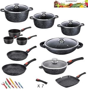 Kamberg - Set Lot Batterie de cuisine 29 pièces - Fonte d'aluminium - Revêtement pierre - Manche Amovible- Tous Feux dont Induction - Sans PFOA - 0008162, Noir