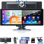 Android Portable Carplay for Car with 4K Dash Cam Car Front Rear 1080P Backup Camera, 10.26” Car Screen with Wireless Carplay Android Auto,Loop Recording GPS Voice Control Bluetooth AUX FM 64G TF Card