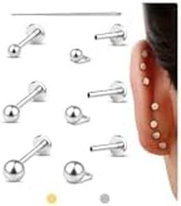 GEMQUEEN Flat Back Earrings Studs : Internal Thread Surgical Steel Stud Earring Hypoallergenic for Women Men 18G Cartilage Helix Tragus Conch Piercing Jewelry Dainty Ball Earring Set for Sensitive Ear