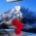 Bling Car Accessories Interior for Women - Girly Crystal Rearview Mirror Decor, Cute Rhinestones Diamond Para Mujer, Car Mirror Decor Love Heart [Red Fuzzy Plush Ball]