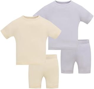 JunNeng Bamboo Viscose Toddler Pajamas,Baby Boy Girl Solid Snug Fit Short Sleeve Summer Sleepwear PJS, Beige+Grey 9-12 Months