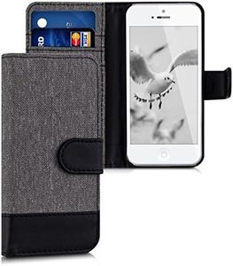 kwmobile Wallet Case Compatible with Apple iPhone SE (1.Gen 2016) / iPhone 5 / iPhone 5S - Case Fabric and Faux Leather Phone Flip Cover - Grey/Black