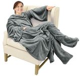 Catalonia Wearable Fleece Blanket with Sleeves and Foot Pockets for Adult Women Men,Micro Plush Comfy Wrap Sleeved Throw Blanket Robe Large,Grey