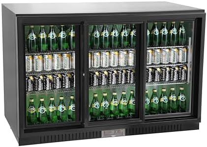 METRO Professional GBC3103 Glastür-Kühlschrank, Verzinktes Blech/Aluminium/Glas, 3 türig, 9 verstellbare Einlegeböden, automatische Abtauung, 308 L, mit Schloß, LED Beleuchtung, schwarz