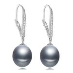 Freshwater Gray Pearl Earrings for Women,Real 925 Sterling Silver Pearl Hoop Dangle Drop Earrings Mother Wife Gift