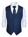 HISDERN Men's Blue Formal Wedding Party Waistcoat Cotton Plaid Check Royal Blue Dress Suit Vest