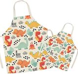 FOMAISELF Linen Parent and Child Cooking Apron - Cute Dinosaur Pattern Mum and Kids Apron, Mummy Son Daughter Aprons for Cooking Baking Painting Party