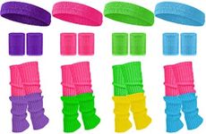 Women 80s Leg Warmers Set Ribbed Leg Warmer for Neon Party with 4 Sets Fitness Headband Wristbands for Yoga Sport, Bright Color, One Size