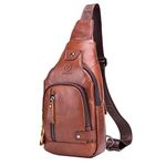 Hebetag Leather Sling Bag Hiking Daypack for Men Women Outdoor Travel Camping Fishing Crossbody Shoulder Chest Pack Backpack Brown