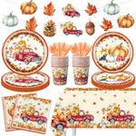 142Pcs Fall Party Plates and Napkins Party Supplies, Autumn Pumpkin Leaves Tableware Set with Cups,Banner,Pumpkin Tablecloth for Fall Harvest Party Thanksgiving Dinner Party Decorations, Serves 20