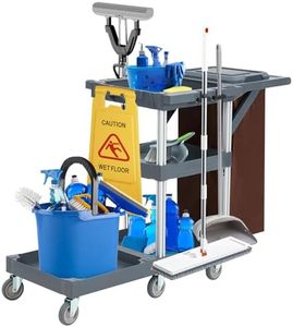 Commercial Janitorial Cleaning Cart on Wheels - Black Housekeeping Caddy with Cover, Shelves and Vinyl Bag