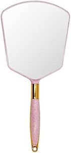 Eaoundm Hand Held Mirror with Handle, Makeup Hand Mirror with Hook Hole for Bathroom and Bedroom, Barbers Haircut Mirror for Home and Salon (6 W X13 L inchs, Pink)