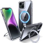 Flyzoo Magnetic Kickstand Case for iPhone 14 Plus, [Compatible with MagSafe & Invisible Ring Stand Holder] [Non-Yellowing & Shockproof] Clear Transparent Hard Silicone Edge Cover, 6.7'', Clear