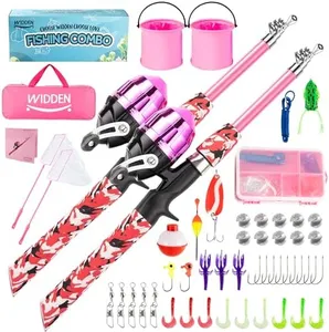 WIDDEN Kids Fishing Pole, 2 Pack Kids Fishing Rod Portable Fishing Rod with Double-Layer Tackle Box, Fishing Line, Reel, Bucket, Net for Boy, Girl, Youth, Beginner Pink