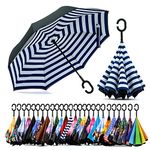 Double Layer Inverted Umbrella with C-Shaped Handle, Anti-UV Waterproof Windproof Straight Umbrella for Car Rain Outdoor Use (Stripes/Navy Blue)