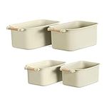 Navaris 4X Plastic Organiser Box - Set of 4 Storage Boxes - Basket Utensil Holder Caddy w/Wooden Handle for Bathroom Kitchen - 2 Sizes, Cream Colour