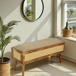 Wood Curls Riviera Cane Storage Bench | Solid Acacia Wood Entryway Seating with Cushion & Rattan Storage Box | Natural Finish Wooden Hallway & Living Room Furniture | 104 x 36 x 48 cm