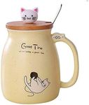 Sharemee - Ceramic Mug, Cute Cat Mug for Coffee, Kawaii Cat Cup with Lid and Stainless Steel Spoon, Coffee and Milk Mug for Birthday, Yellow, 450ML/15OZ