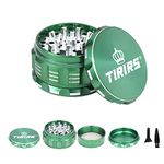 TIRIRS 3 Inches 4 Pieces Premium Herb Grinder - Aluminium Large Spice Grinder with Pollen Catcher, Comes with Pollen Scraper and Cleaning Brush, Green