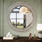 Kelly Miller Round Jeweled Bathroom Mirror for Wall, 32 Inch Modern Wall Mirror Decorative Mirror Luxury Vanity Mirror Diamond Mirror for Master Bath Half Bath Living Room Bedroom Fireplace Entryway