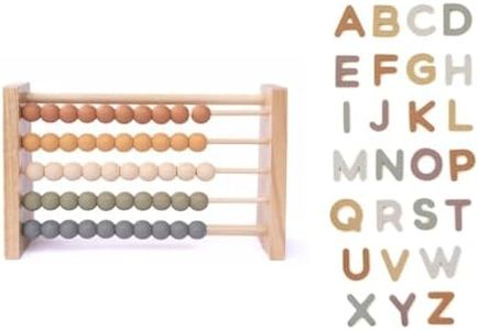 Silicone Alphabet Magnets and Boho Abacus. Neutral Aesthetic Toddler Toys. Learning Set for Counting and Letters